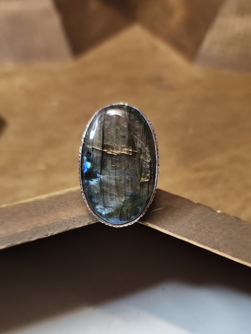Labradorite Oval Statement Ring - Blue-Green Sheen